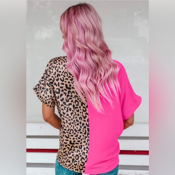 Rose Contrast Leopard Color Block Top - Picture 4 of 6